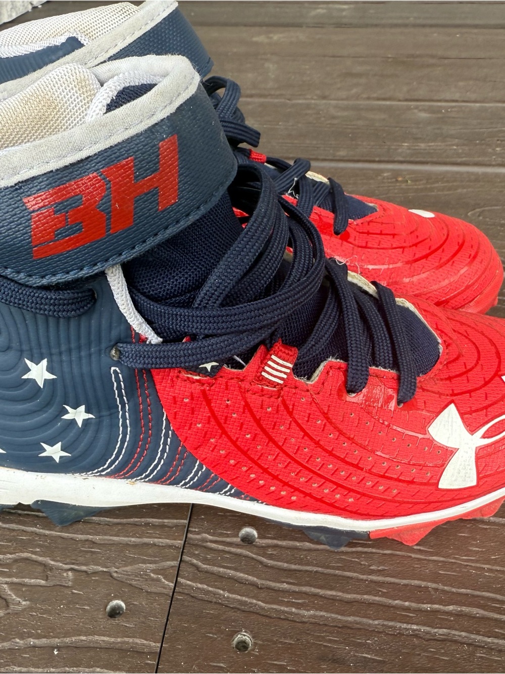 Under Armour Kids Red and Navy Football Cleats